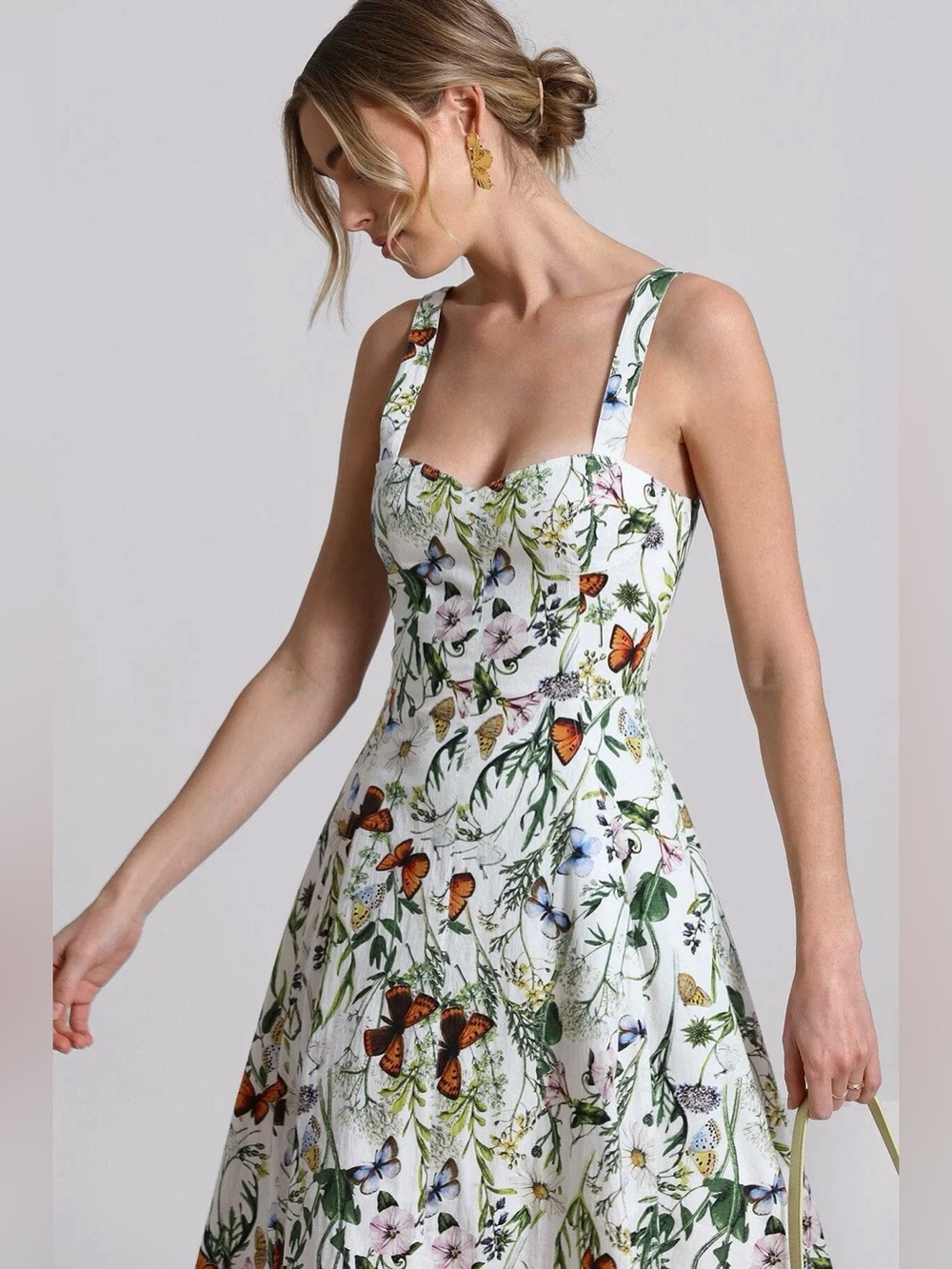 AVEC LES FILLES | Floral Butterfly Prints White Fit-and-Flare Midi Dress